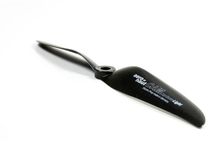 Schwarzer Modellflugzeug-Propeller mit Aufschrift 'aero-naut CAMcarbon light'.