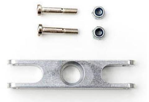 Metallplatte mit zentralem Loch, zwei Schrauben und zwei Muttern, auf weißem Hintergrund angeordnet. Ersatzteil für mechanische Vorrichtungen.