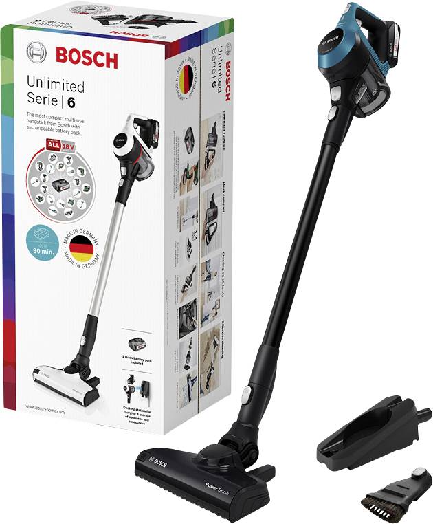 'Kabelloser Staubsauger Bosch Unlimited Serie | 6' neben Verpackung. Enthält Zubehör: Fugendüse und Bürste. Geeignet für alle Oberflächen.