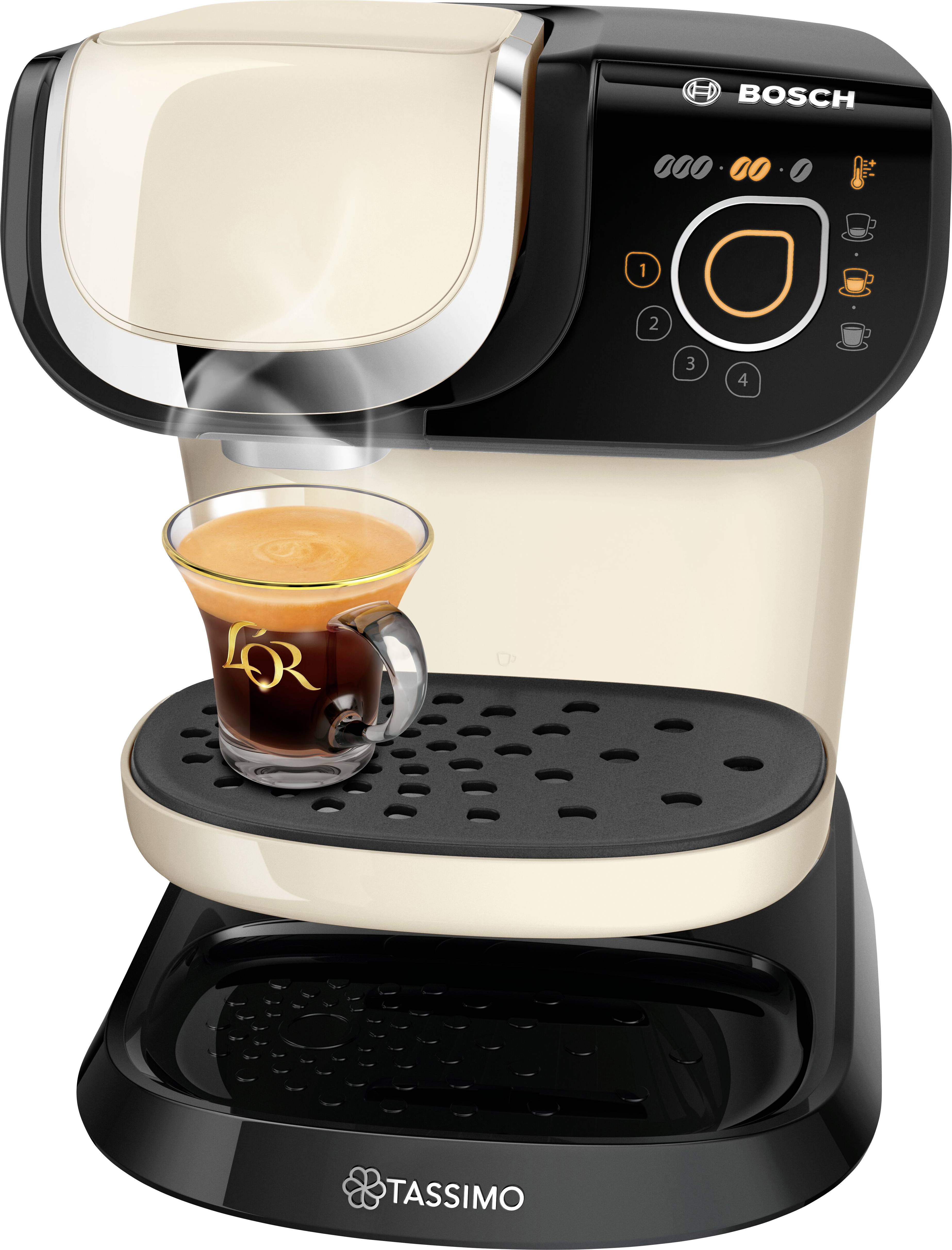 Kaffeemaschine mit Tassimo-Logo, brüht eine Tasse Kaffee. Steuerungsfeld zeigt Einstellungen für Stärke und Brühtemperatur.