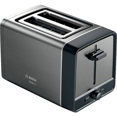 Ein moderner schwarzer Toaster mit zwei Schlitzen und einem Regler für die Bräunungsstufe. Marke auf der Seite sichtbar.