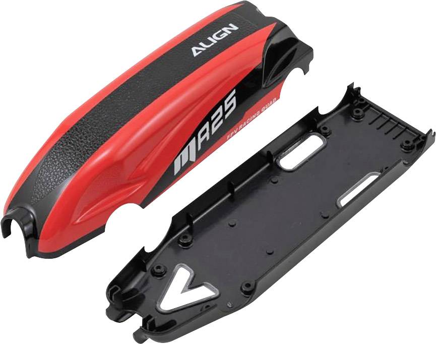 Abdeckung für ein RC-Modellflugzeug, rot mit schwarz und der Aufschrift 'ALIGN M425', zeigt Ober- und Unterseite der Verkleidung.