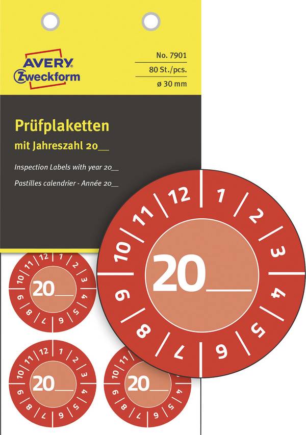 Avery-Zweckform 7901 Prüfplakette 20XX Rot Kunststoff (Ø x L) 30 mm x 30 mm 30 mm 80 St.