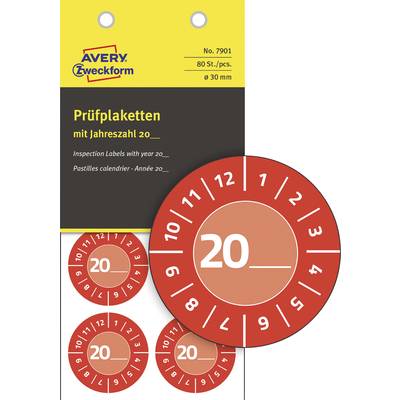 Runde Prüfplakette mit Jahreszahl 20 und Monatszahlen zur Kennzeichnung von Prüfterminen. Packung zeigt Produktdetails.
