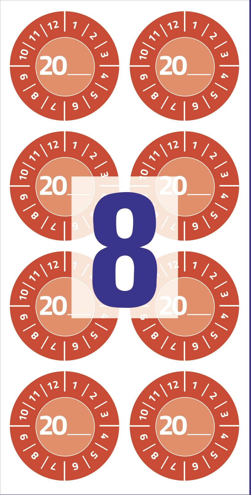 Acht rot-orange Scheiben, jede mit der Nummer '20' und nummerierten Segmenten. Eine blaue '8' in der Mitte.