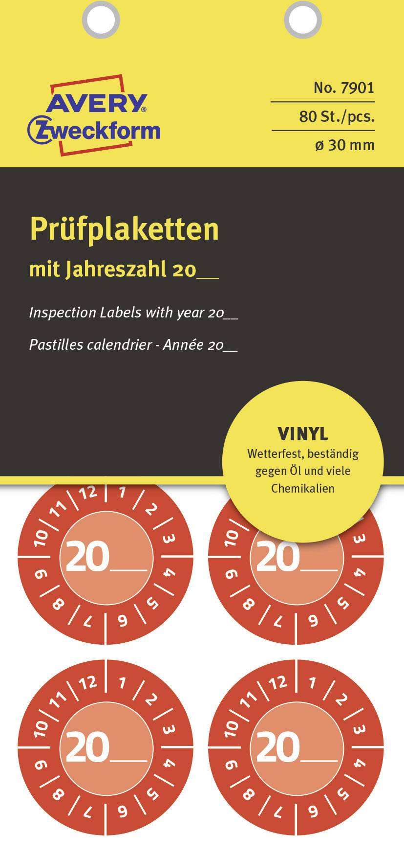 'Prüfplaketten mit Jahreszahl 20...' auf gelbem Hintergrund. Runde rote Etiketten mit Jahreszahlen und Zahlen von 1 bis 12 am Rand.
