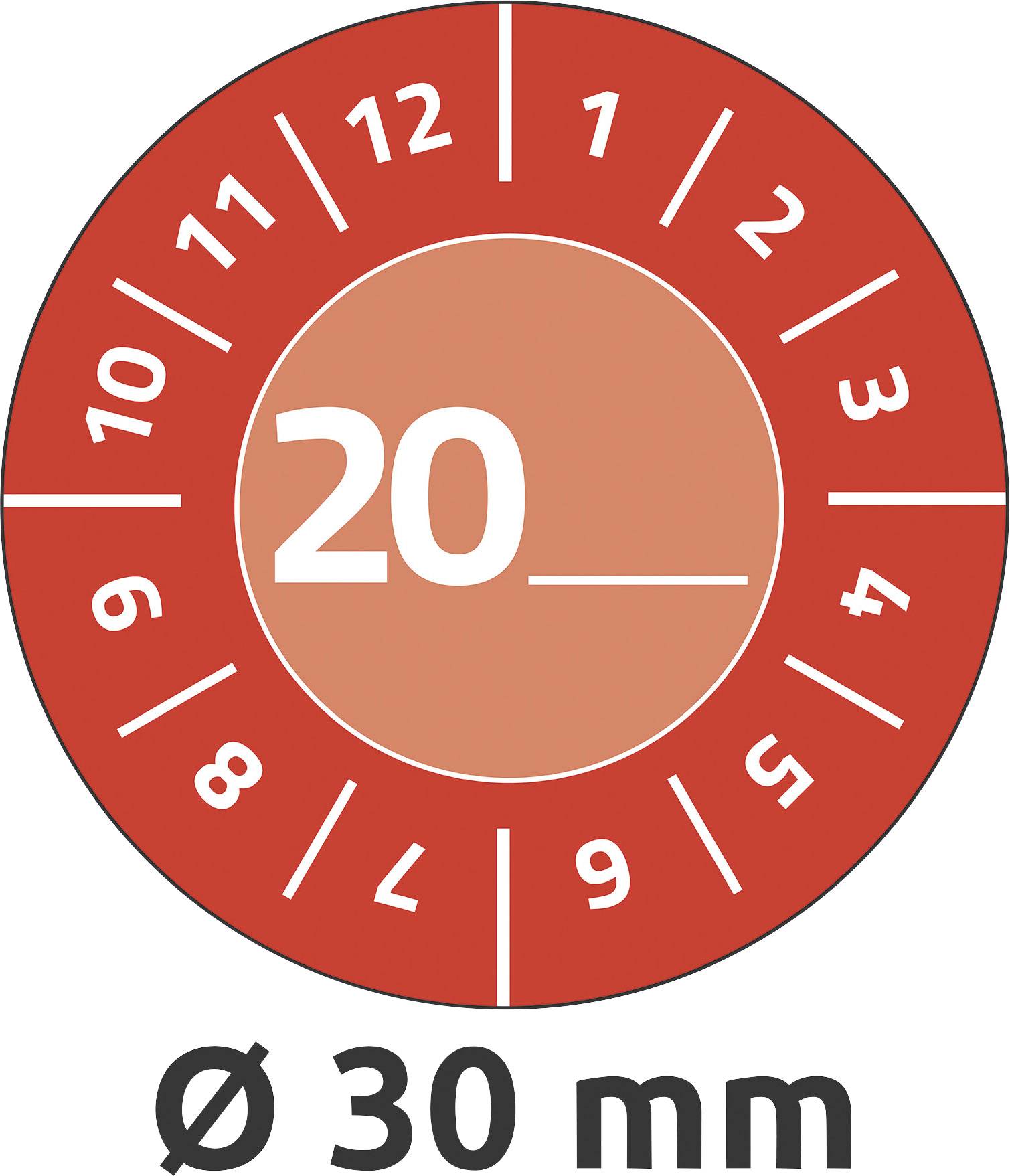 Rote Plakette mit den Zahlen 1 bis 12, die einen Kreis bilden. In der Mitte steht '20_'. Darunter Text: 'Ø 30 mm'.