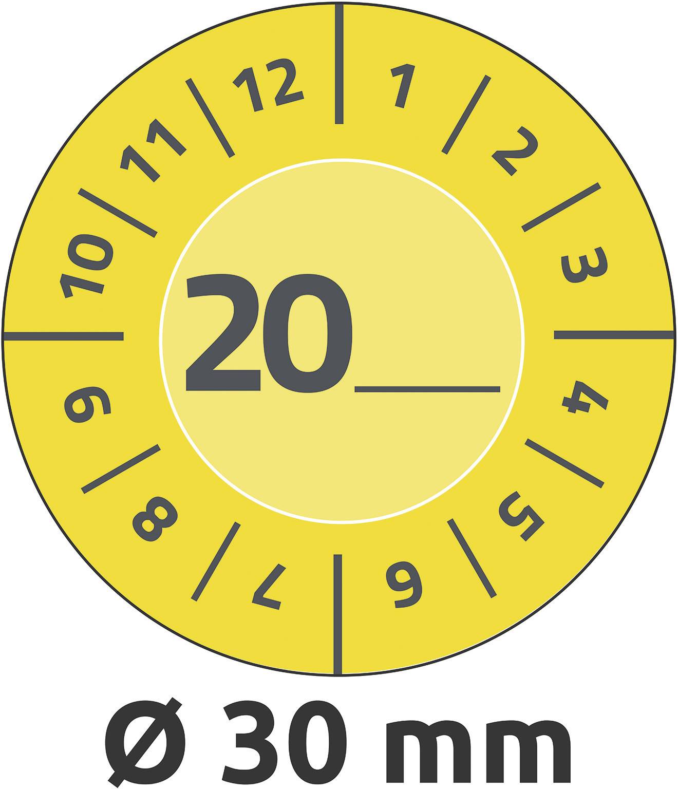 Gelbes TÜV-Siegel mit Zahl '20', das ein Fahrzeug registriert ist. Das Siegel hat einen Durchmesser von 30 mm und zeigt Zahlen von 1 bis 12.