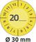 Gelbes TÜV-Siegel mit Zahl '20', das ein Fahrzeug registriert ist. Das Siegel hat einen Durchmesser von 30 mm und zeigt Zahlen von 1 bis 12.