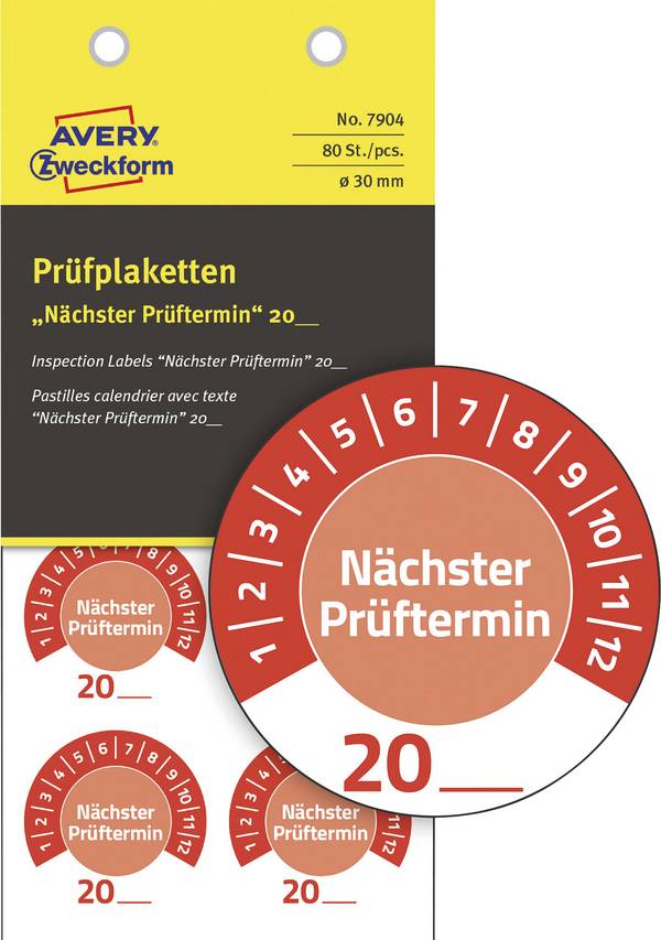 Avery-Zweckform 7904 Prüfplakette Nächster Prüftermin 20__ 20XX Rot Folie selbstklebend (Ø) 30 mm 30 mm 80 St.