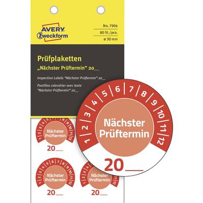 Prüfplakette mit der Aufschrift 'Nächster Prüftermin'. Zeigt Monate von 1 bis 12 im Kreis. Modell Nummer 7904 von Avery Zweckform.