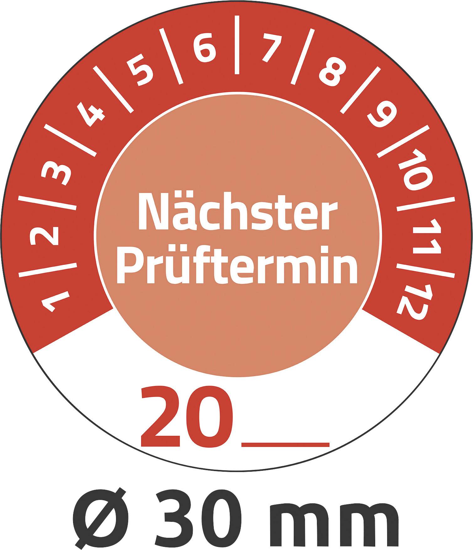 'Roter Prüfplakette mit den Zahlen 1 bis 12. Mitte: Nächster Prüftermin. Unten: Jahreszahl 20 mit Platz für zwei Ziffern.'
