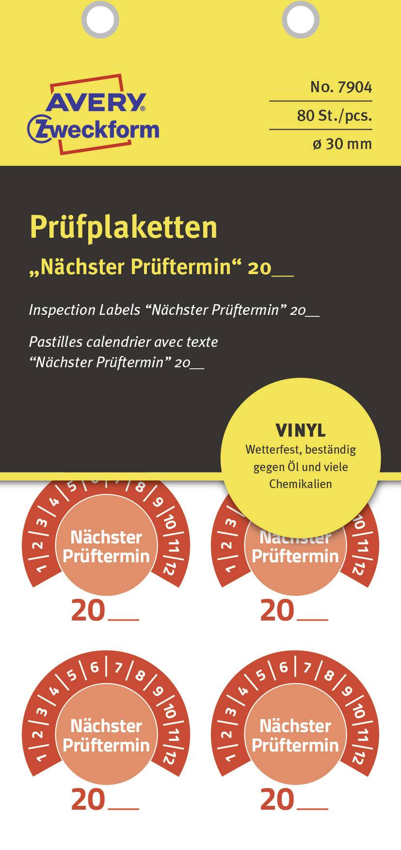 Etiketten-Verpackung 'Prüfplaketten Nächster Prüftermin 20'. Enthält 80 runde Vinyl-Aufkleber, wetterfest und chemikalienbeständig.
