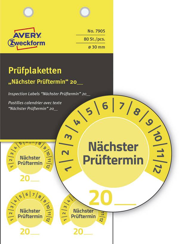 Avery-Zweckform 7905 Prüfplakette individuell vor Ort beschriftet werden 20XX Gelb (Ø x L) 30 mm x 30 mm 30 mm 80 St.