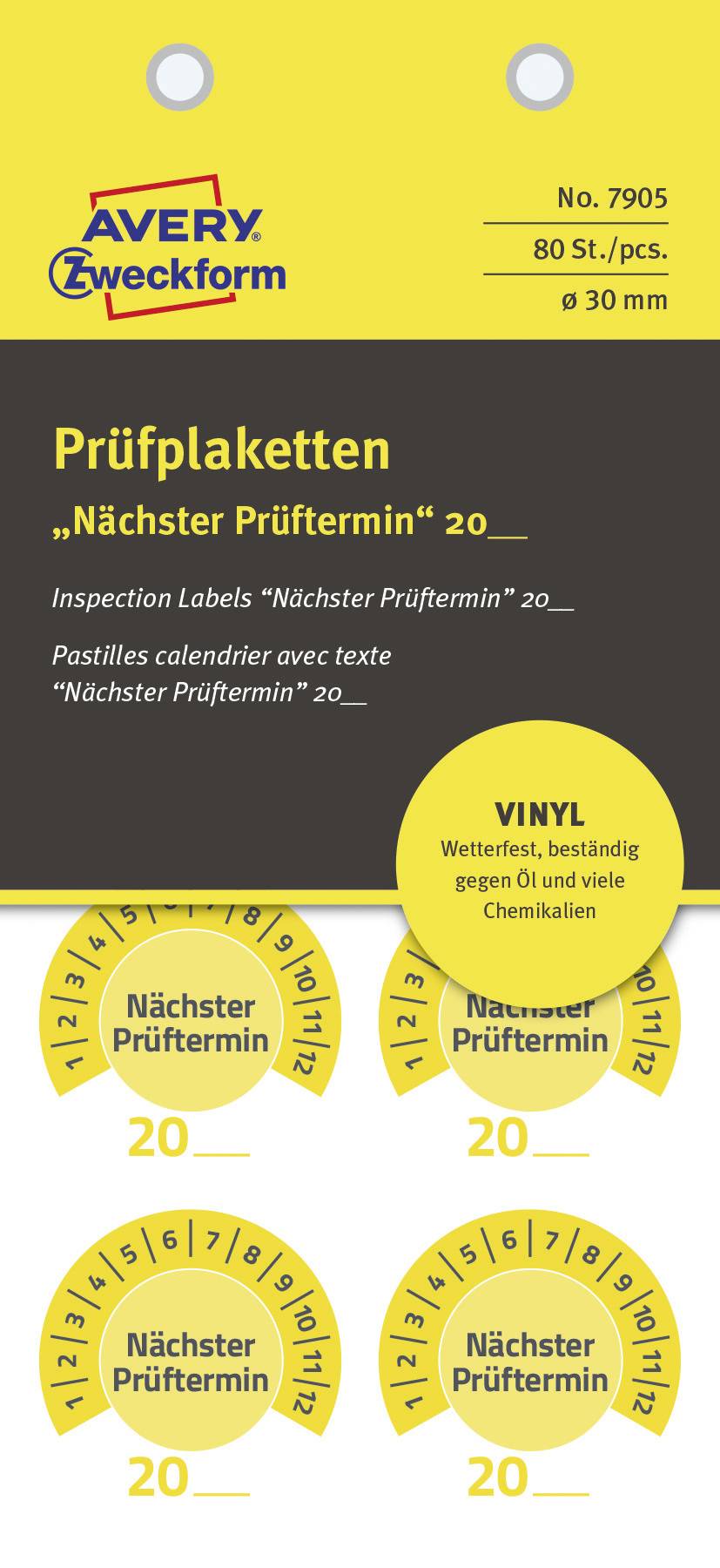 Prüfplaketten 'Nächster Prüftermin' 2020 aus Vinyl mit gelber Farbe, wetterfest und beständig gegen viele Chemikalien, 80 Stück pro Packung.
