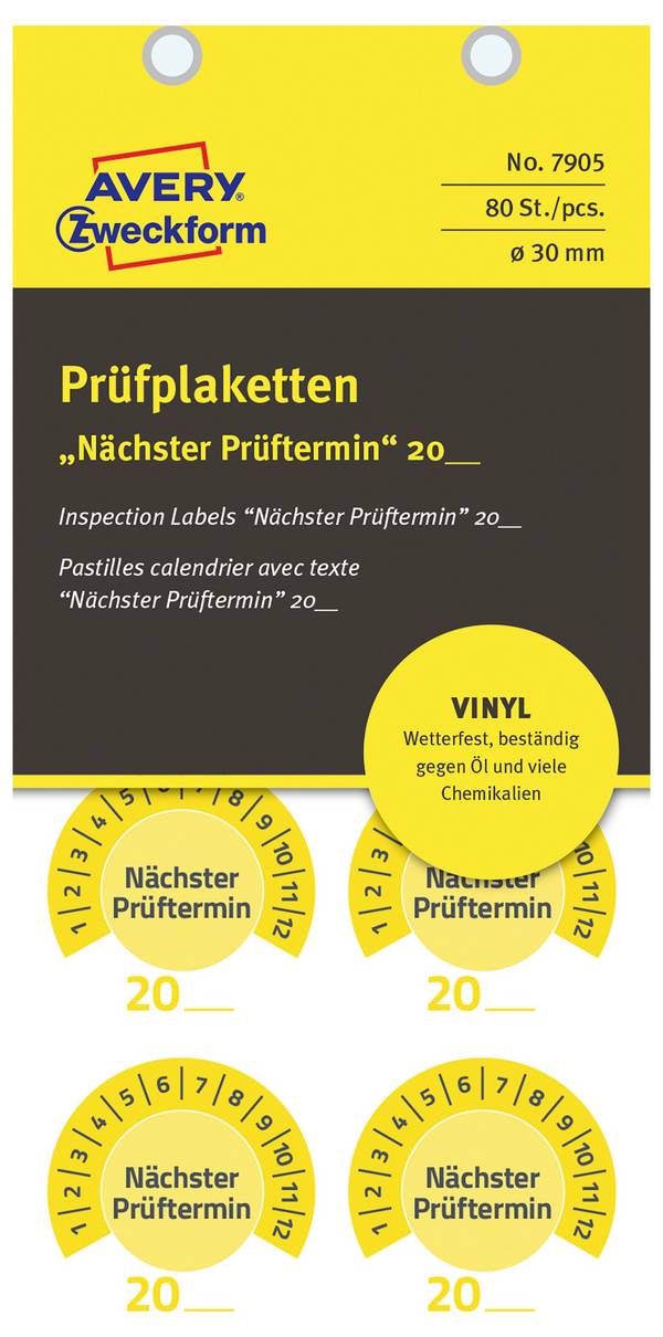 Avery-Zweckform 7905 Prüfplakette individuell vor Ort beschriftet werden 20XX Gelb (Ø x L) 30 mm x 30 mm 30 mm 80 St.