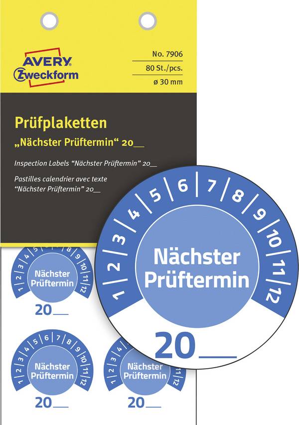 Avery-Zweckform 7906 Prüfplakette Nächster Prüftermin 20__ 20XX Blau (Ø) 30 mm 30 mm 80 St.
