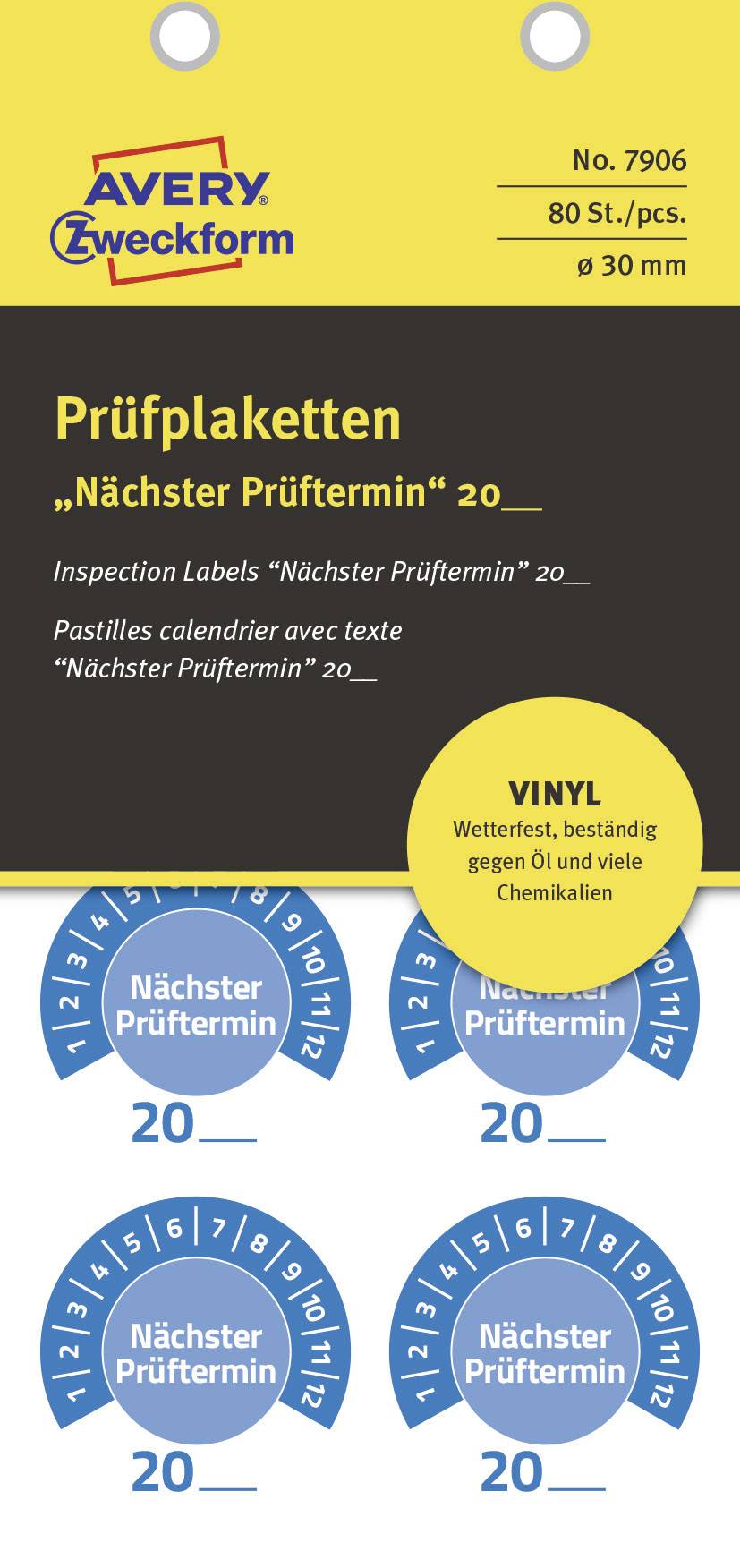 'Prüfplaketten "Nächster Prüftermin" 20' auf blauem Vinyl. 80 Stück, ø 30 mm, wetterfest. Text: 'Nächster Prüftermin' mit Jahreszahl.