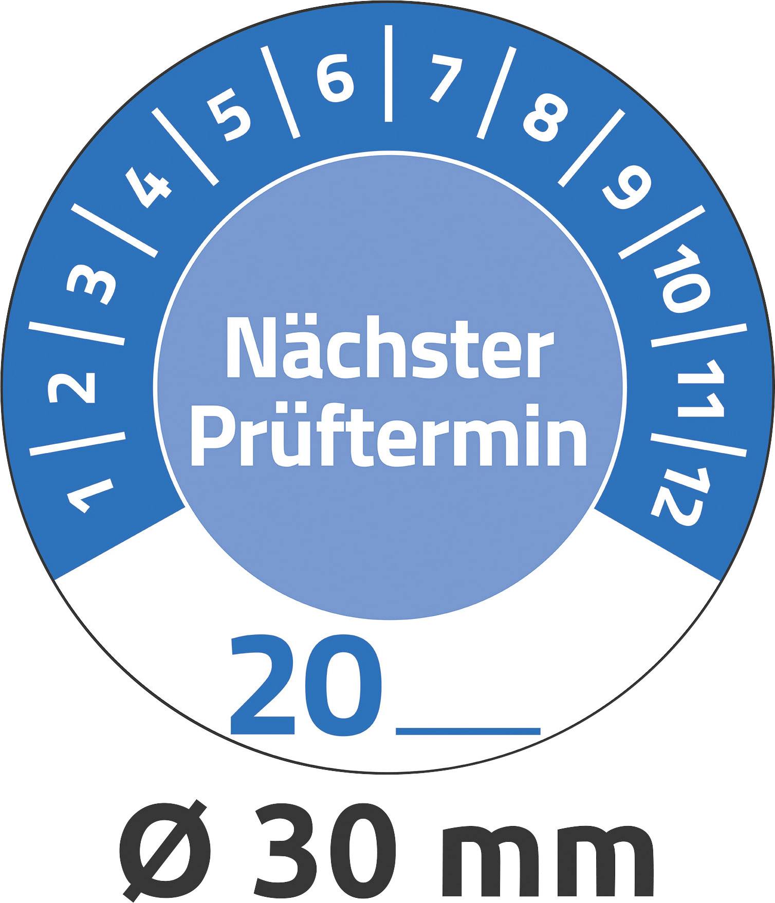 Blauer TÜV-Prüfaufkleber für das Jahr 2020, zeigt nächsten Prüftermin an, Kreis mit Zahlen von 1 bis 12 für Monate, Durchmesser 30 mm.