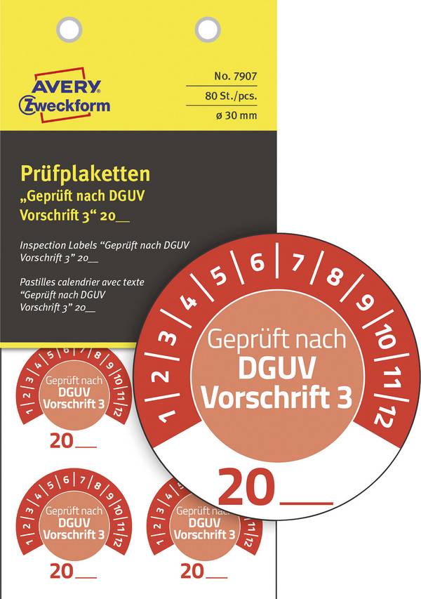 Avery-Zweckform 7907 Prüfplakette Geprüft nach DGUV Vorschrift 3 20XX Rot Kunststoff (Ø x L) 30 mm x 30 mm 30 mm DGUV 80 St.