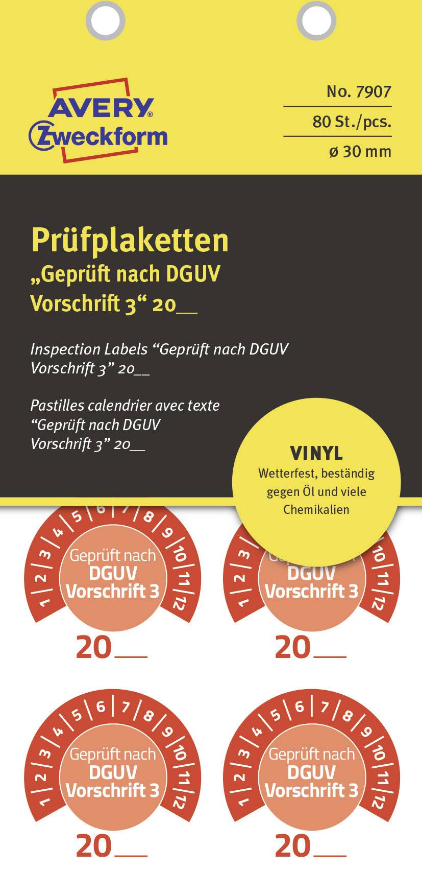 Verpackung für Prüfsiegel-Aufkleber 'Geprüft nach DGUV Vorschrift 3', orange, wetterfest, chemikalienbeständig, Set mit 80 Stück.