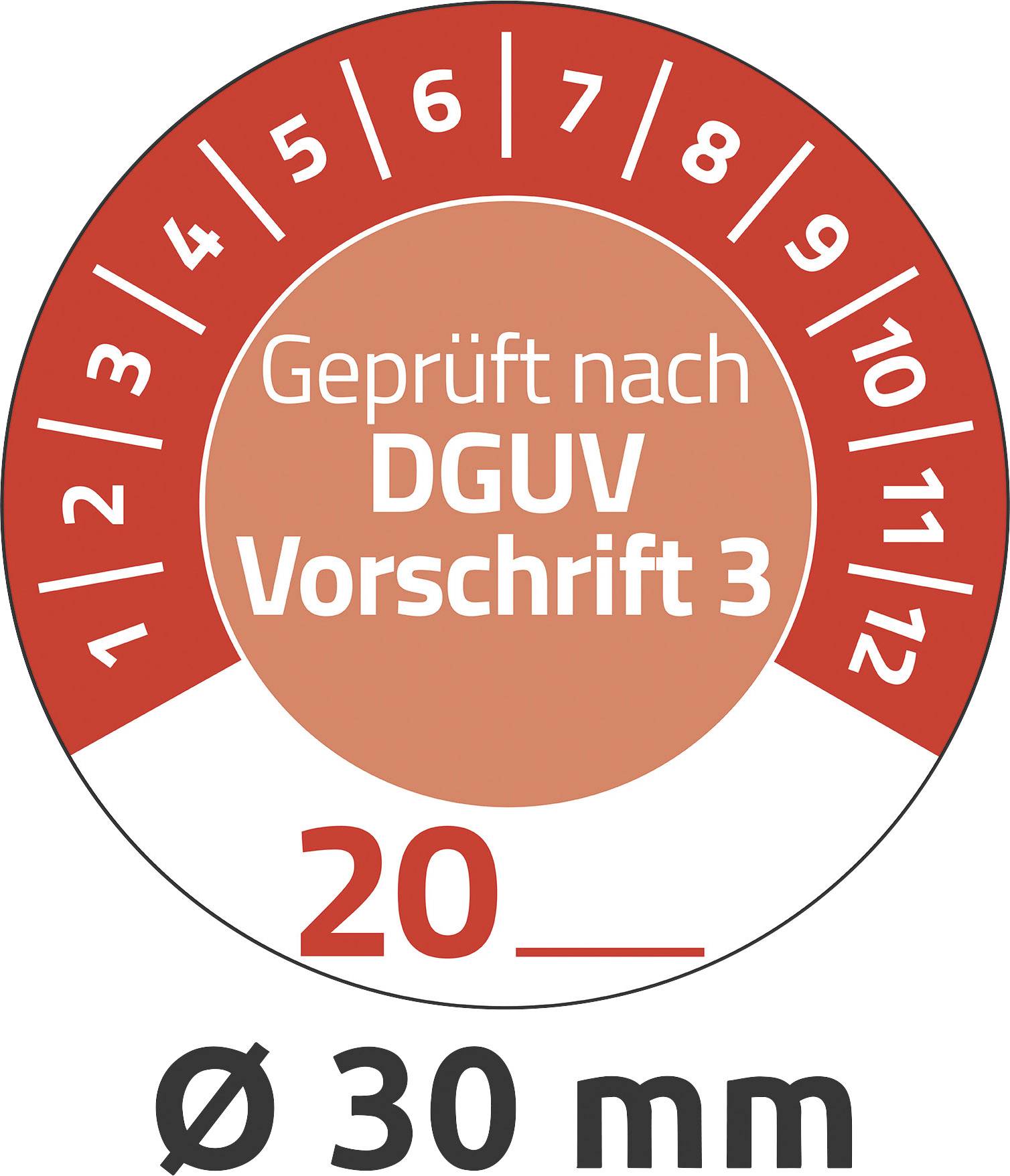 Prüfplakette: "Geprüft nach DGUV Vorschrift 3", Monate 1-12 markiert, Jahr mit "20__" zum Ausfüllen, Durchmesser 30 mm.