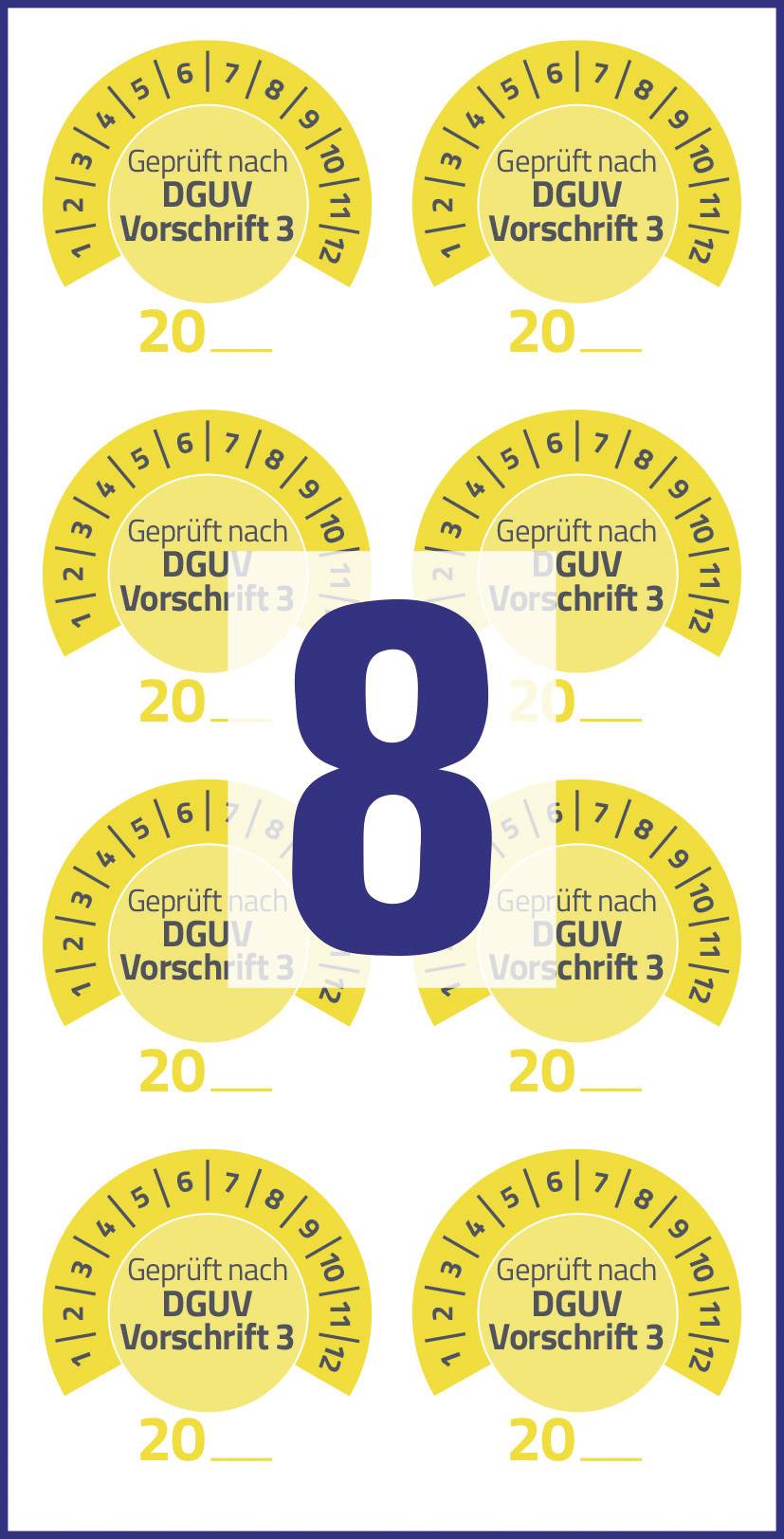 Gelbe Prüfsiegel mit der Aufschrift 'Geprüft nach DGUV Vorschrift 3' und Jahreszahlen um eine große blaue Zahl 8 angeordnet.