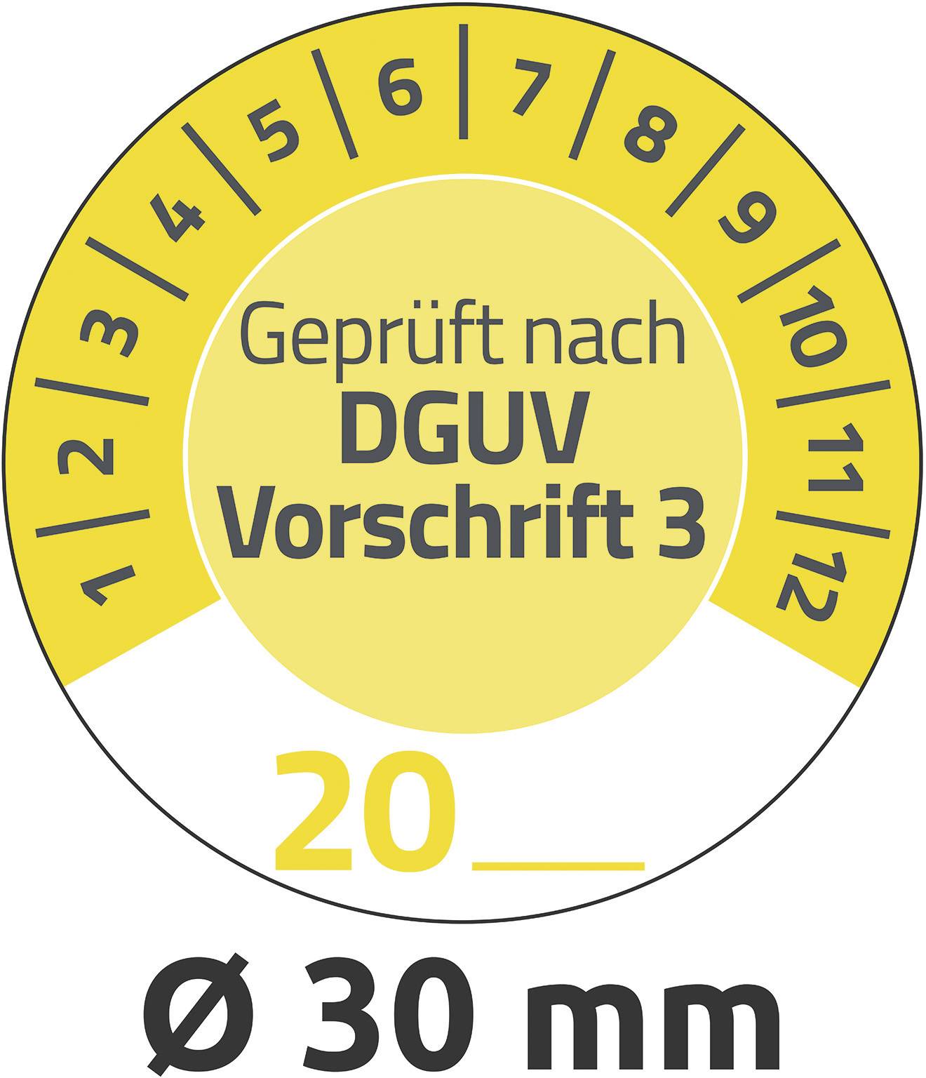 Prüfplakette in gelb mit der Aufschrift 'Geprüft nach DGUV Vorschrift 3', Monate 1 bis 12 am Rand. Durchmesser 30 mm.
