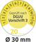 Prüfplakette in gelb mit der Aufschrift 'Geprüft nach DGUV Vorschrift 3', Monate 1 bis 12 am Rand. Durchmesser 30 mm.