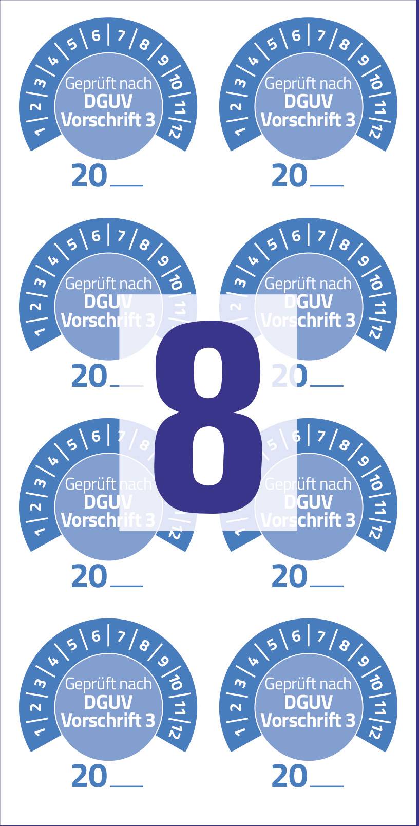 Prüfplaketten mit 'Geprüft nach DGUV Vorschrift 3', jede mit Datum und Kalender monaten, in der Mitte eine große Zahl 8.