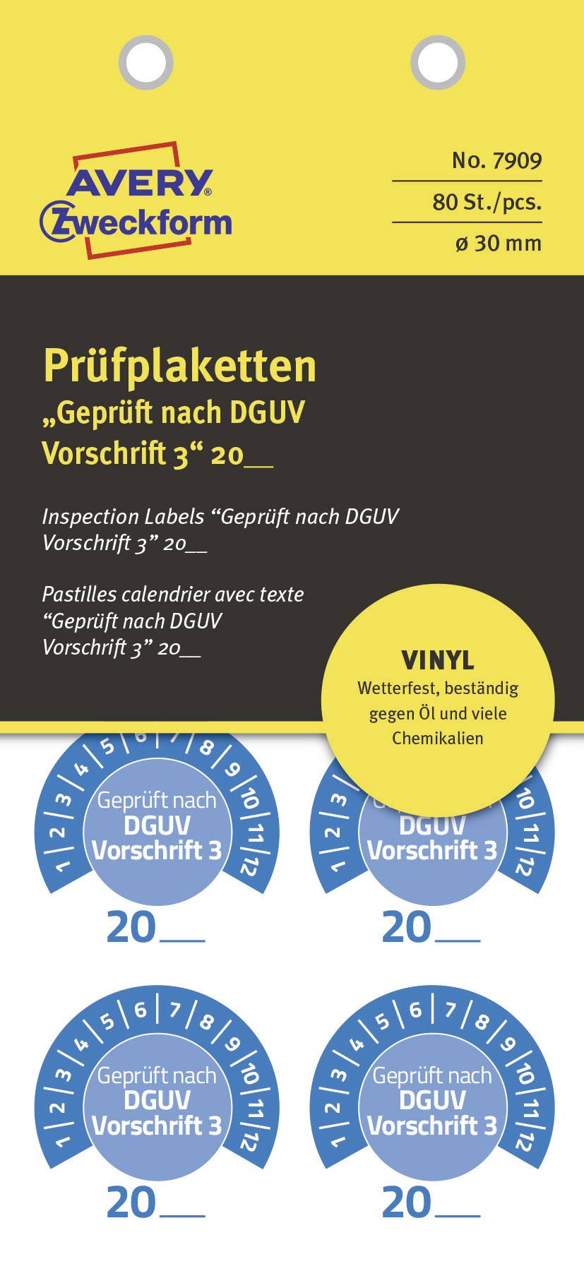 Prüfplaketten-Set mit blauen Aufklebern, beschriftet mit 'Geprüft nach DGUV Vorschrift 3', für Nutzung von 2020 bis 2025.