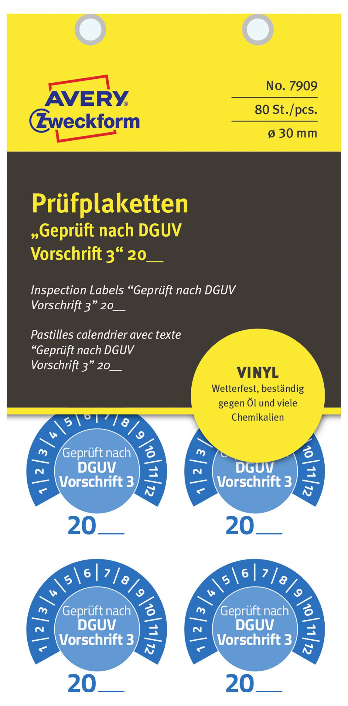 Avery-Zweckform 7909 Prüfplakette Geprüft nach DGUV Vorschrift 3 20XX Blau Folie selbstklebend (Ø x L) 30 mm x 30 mm 30 mm DGUV 80 St.