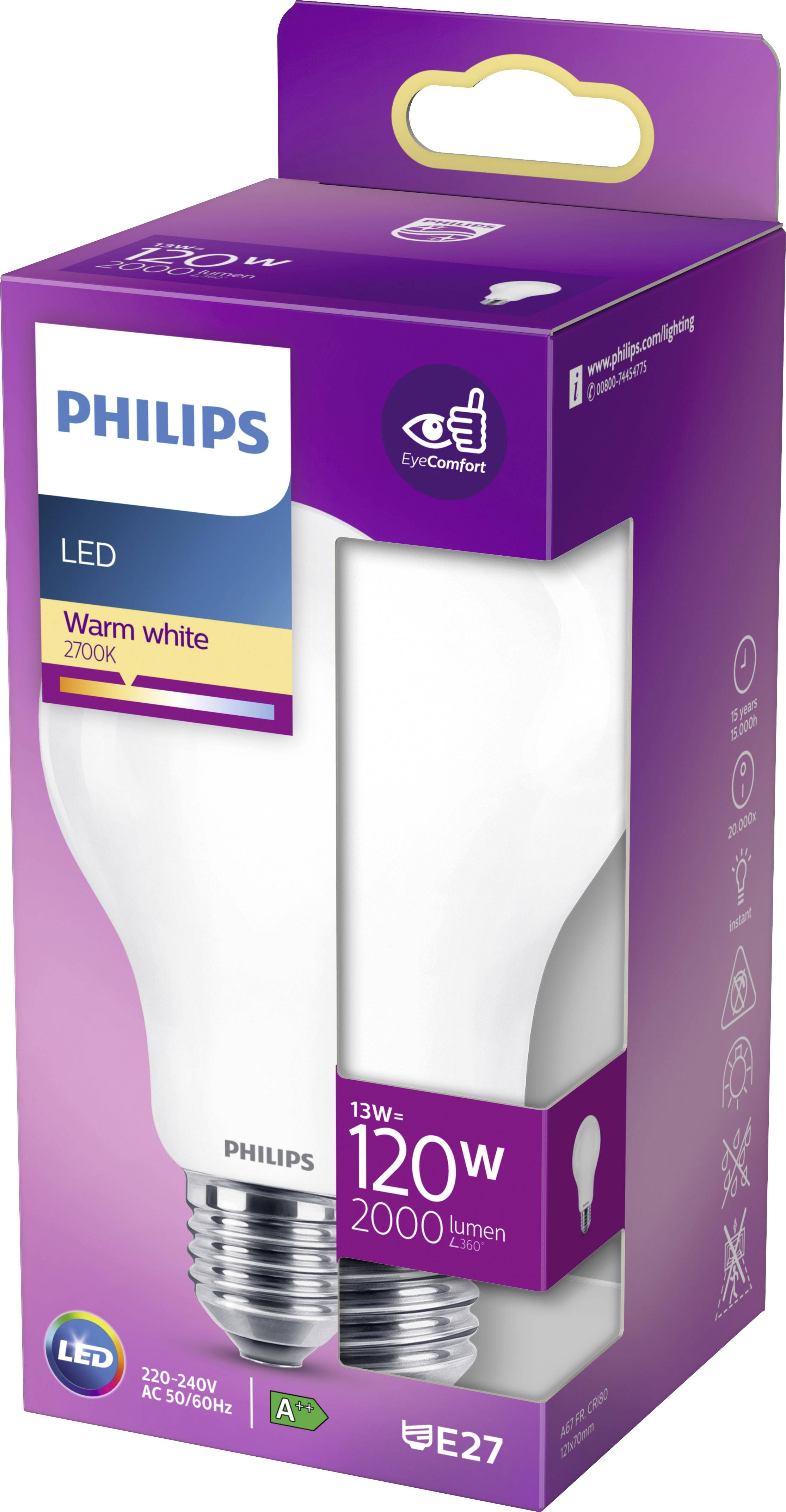 Lila Verpackung einer Philips LED-Lampe, 13W, 120W Äquivalent, warmweiß 2700K, mit 2000 Lumen, EyeComfort-Logo und E27-Sockel.