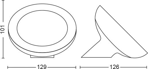 Skizze einer runden Leuchte mit Sockel. Frontansicht: Durchmesser 129 mm, Höhe 101 mm. Seitenansicht: Tiefe 126 mm.