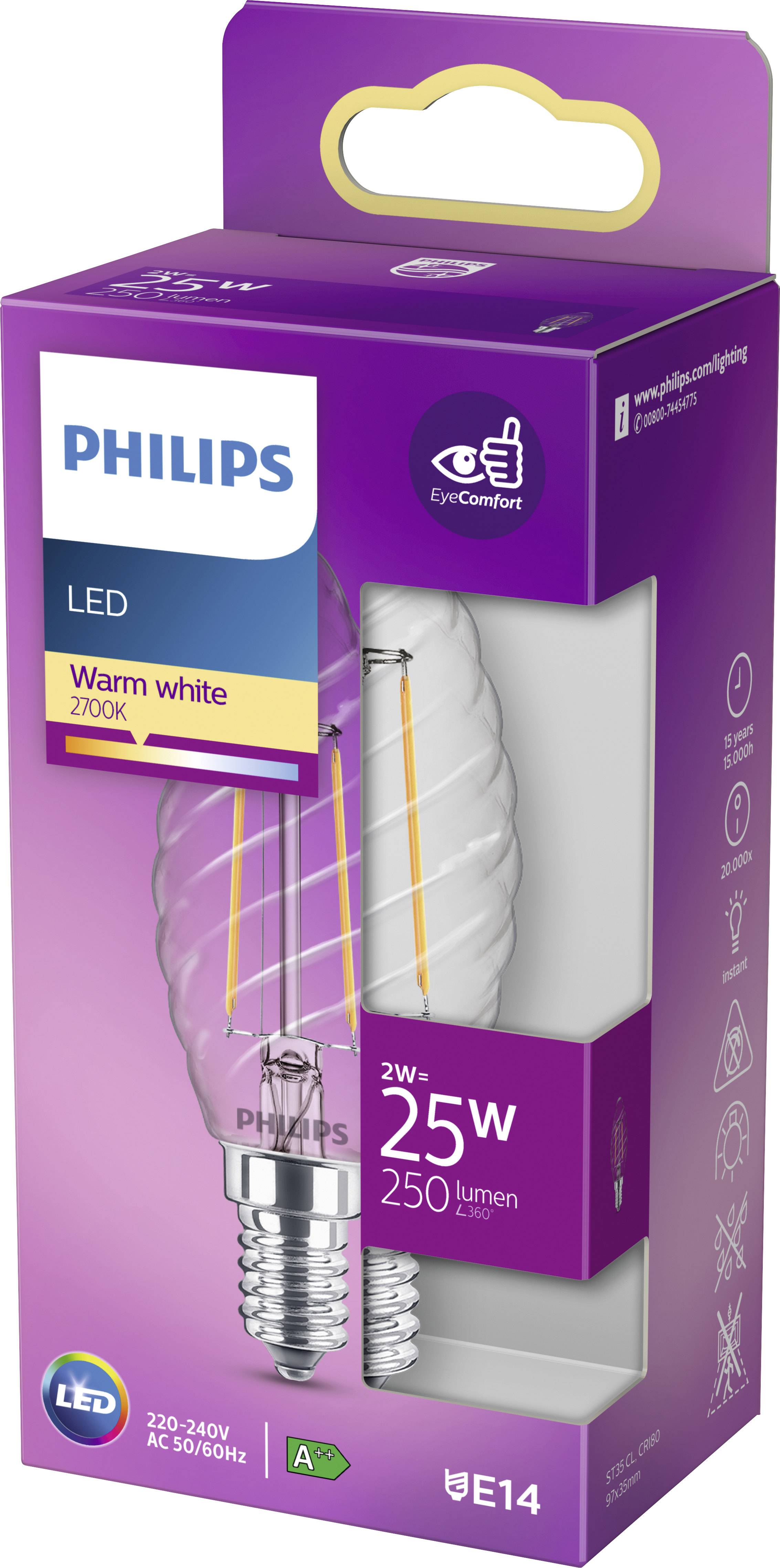 Glühbirnenverpackung 'Philips LED', E14, 2W-25W, 250 Lumen, warmweiß 2700K, Energieklasse A+.