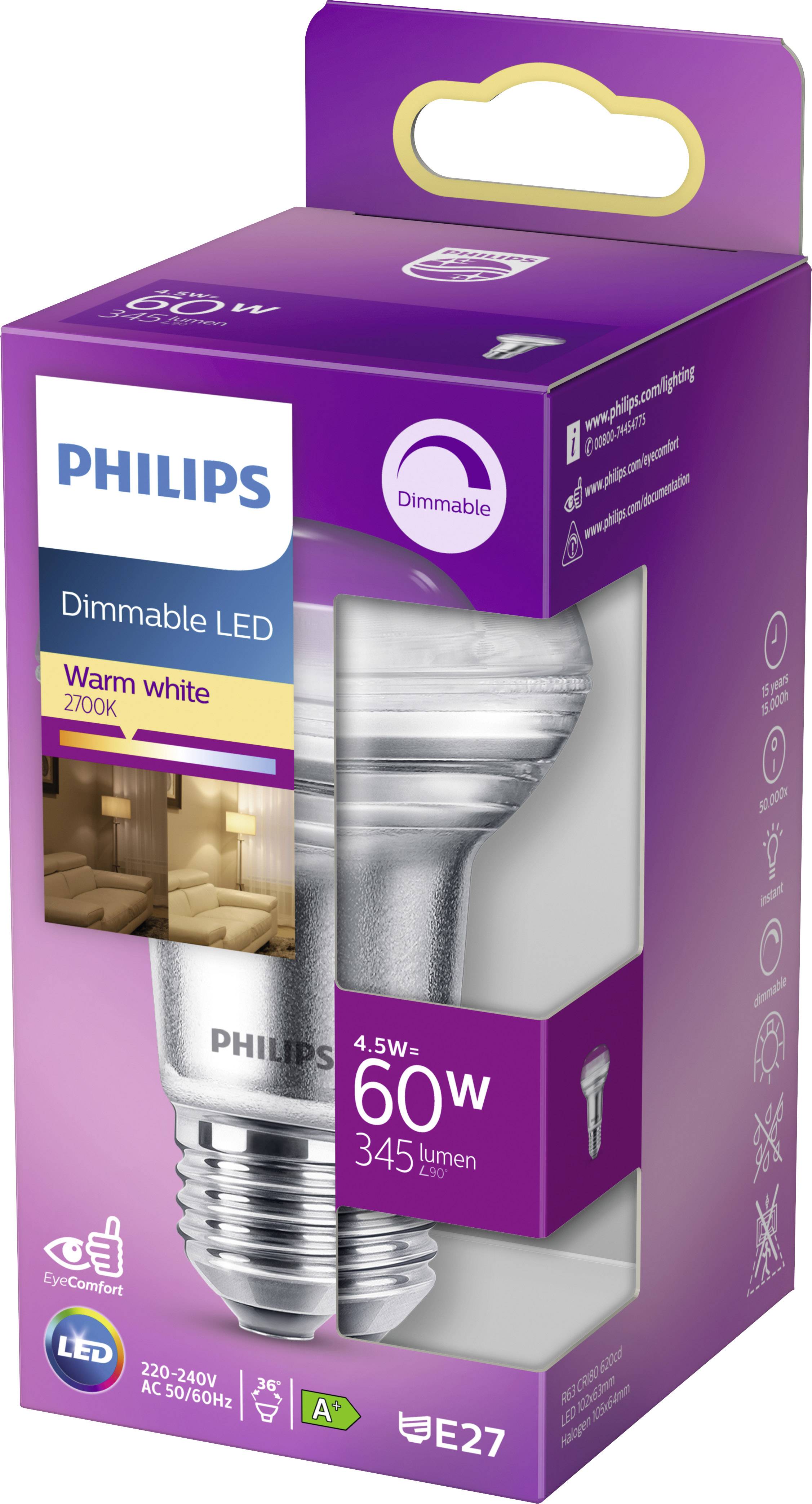 'Philips dimmbare LED-Lampe, warmweiß, 2700K, 4,5W, entspricht 60W und 345 Lumen. E27-Sockel, energiesparend und augenschonend.'