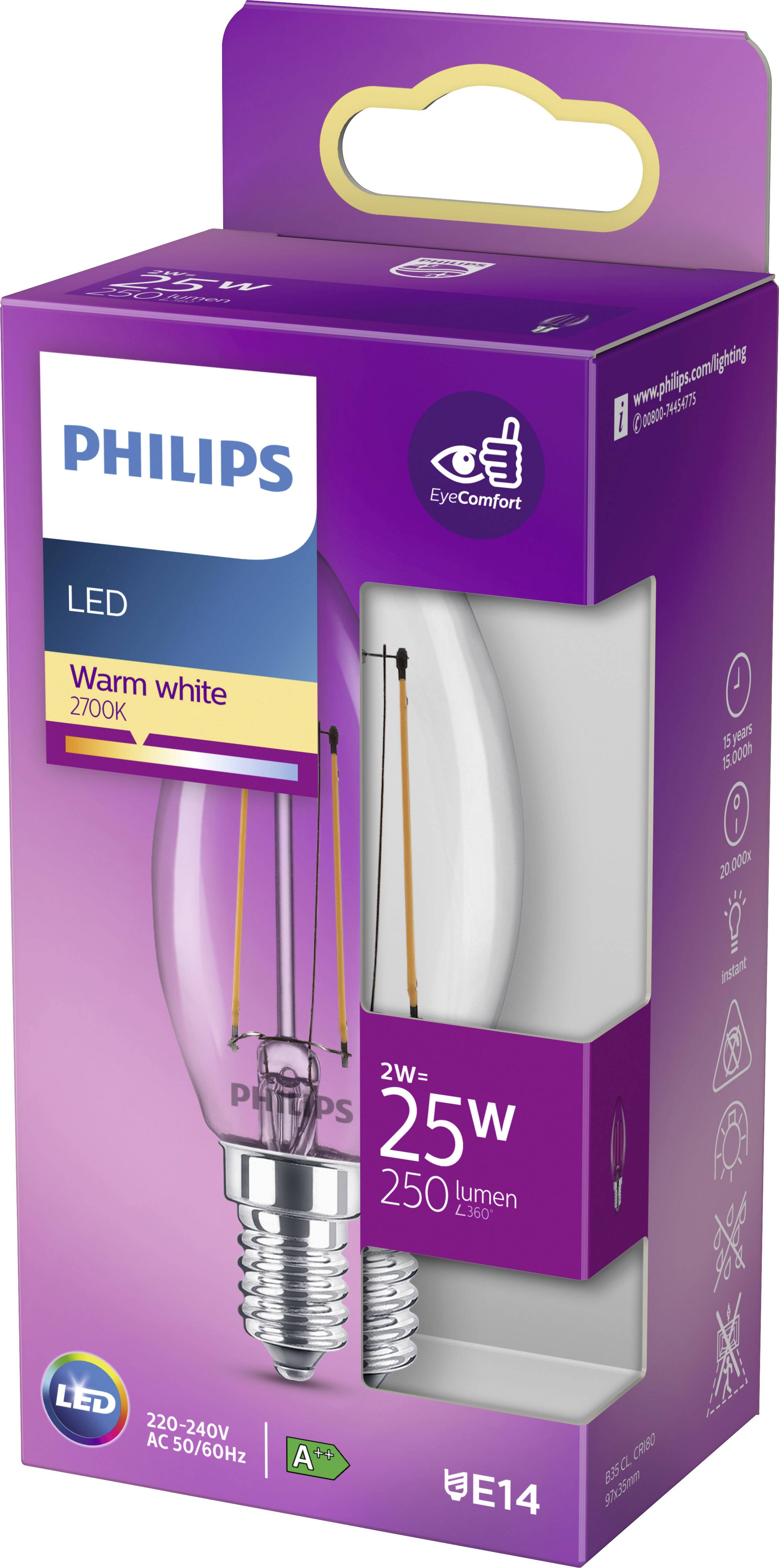 Eine Philips LED-Glühbirne in einer lila Verpackung. Sie hat 2 Watt, entspricht 25 Watt, mit 250 Lumen und warmweißem Licht, Sockel E14.