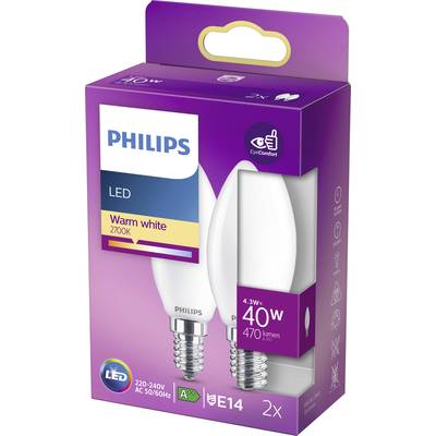 Zweierpack Philips LED-Glühbirnen, warmweiß, 4,3 W, 40 W Äquivalent, mit E14-Sockel, Energieklasse A+, 470 Lumen, für Augenschonung.