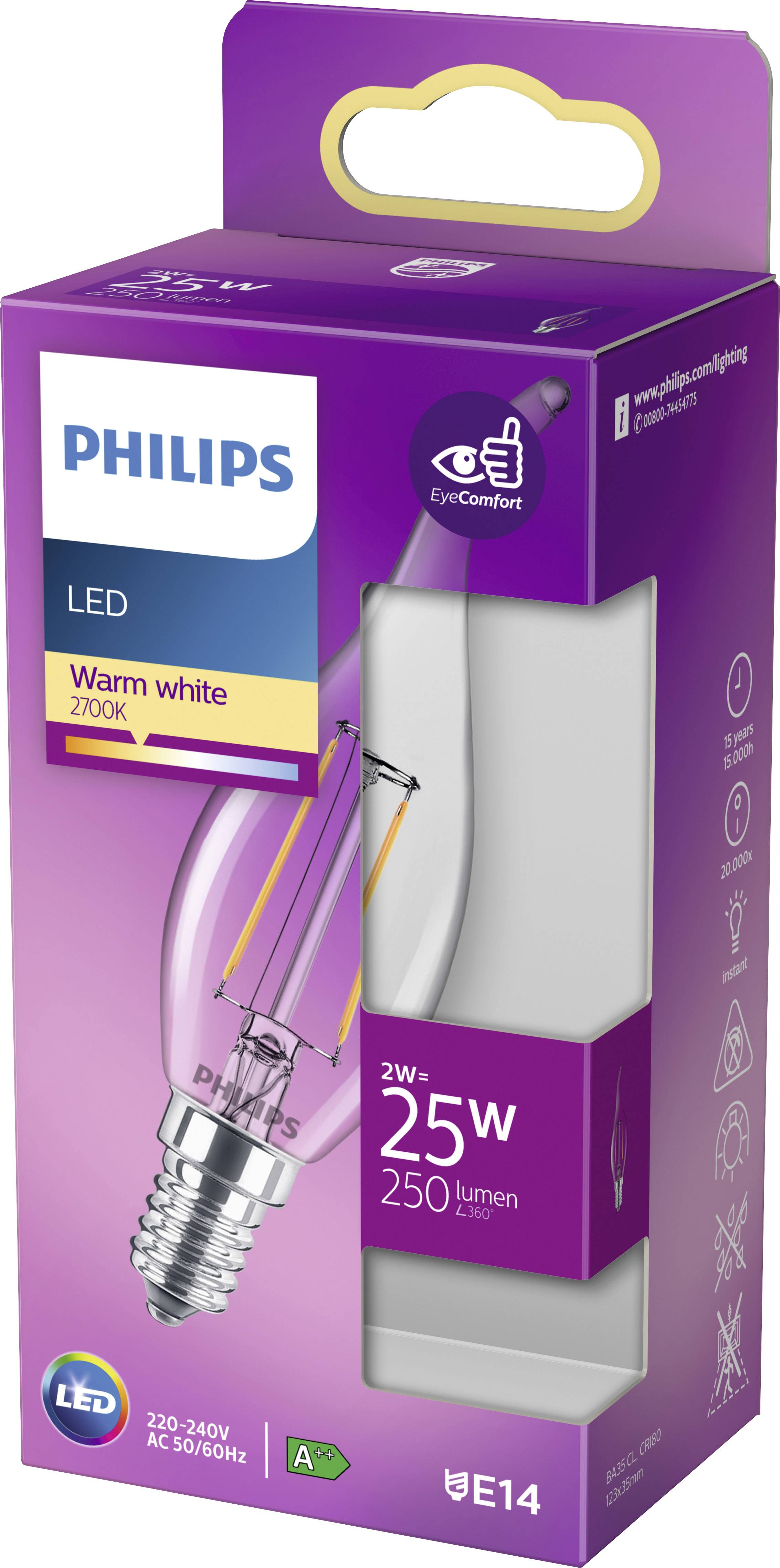 'Verpackung für Philips LED-Lampe, warmweißes Licht, 2W ersetzt 25W, E14 Sockel, 250 Lumen, geeignet für 220-240V, Energieklasse A++.'