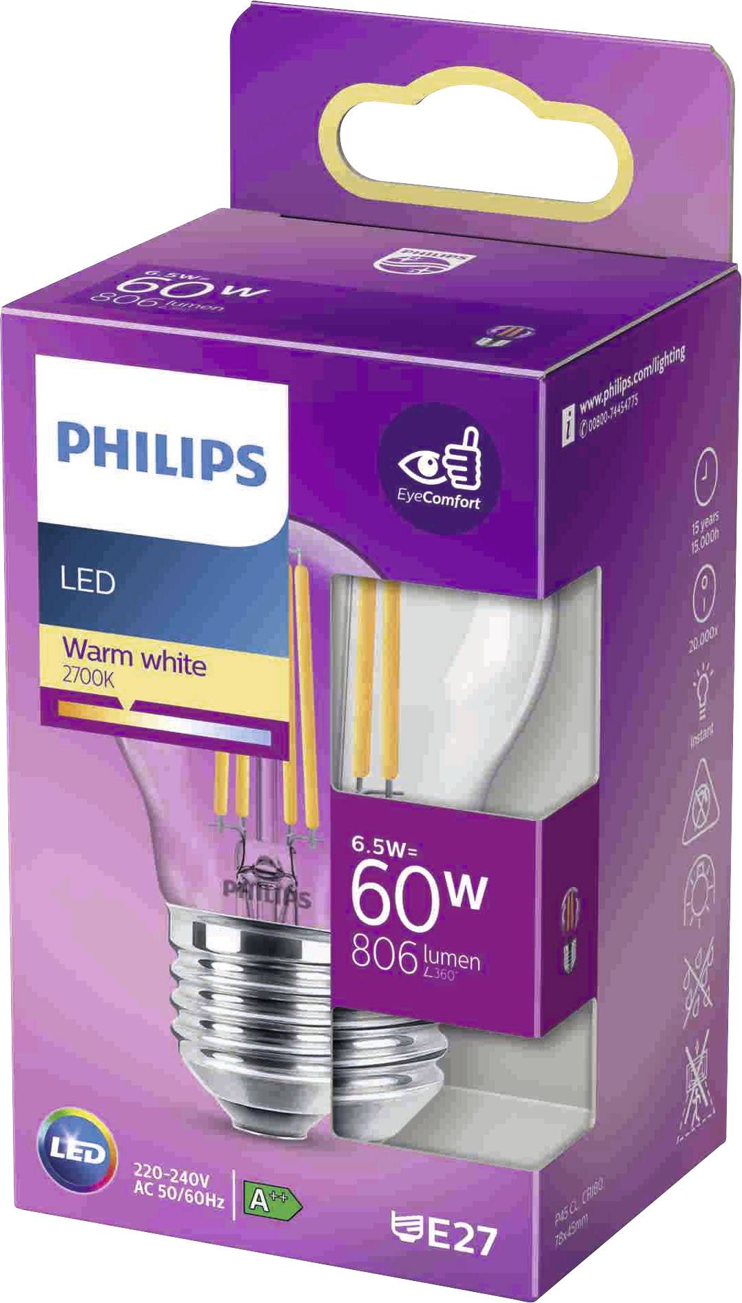 'Philips LED-Glühbirne, warmweißes Licht 2700K, 6,5W entspricht 60W, 806 Lumen, E27-Fassung, Energieklasse A+' auf violetter Verpackung.