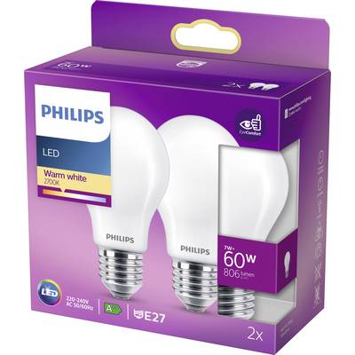Zwei LED-Glühbirnen in einer lila Verpackung. Auf der Verpackung steht 'Philips', 'Warm white', '60W', '806 lumen', 'E27'.