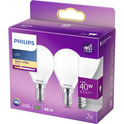 Zwei Philips LED-Glühbirnen in einer violetten Verpackung, 4,3 Watt und 470 Lumen, warmweiß (2700K), Sockel E14, energieeffizient.
