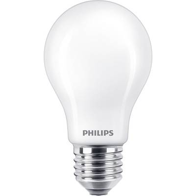 Eine LED-Glühbirne von Philips mit E27-Fassung, in klassischer Birnenform, vor weißem Hintergrund.