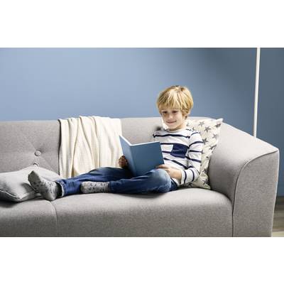 Ein Junge sitzt entspannt auf einem grauen Sofa und liest ein blaues Buch. Neben ihm liegen Kissen und eine Decke.