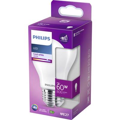 LED-Glühbirne 'Philips', 7W, 60W Ersatz, 806 Lumen, E27 Fassung, Farbtemperatur Cool White 4000K, Verpackungsvorderseite.