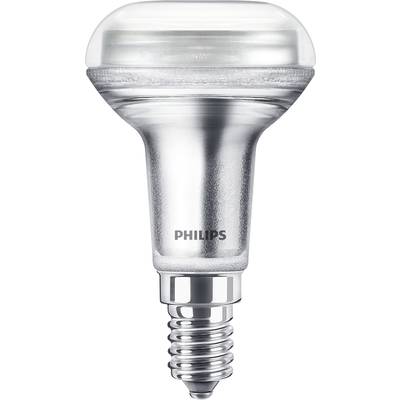 Eine silberne LED-Glühbirne mit E14-Sockel von Philips, geeignet für energiesparende Beleuchtung.