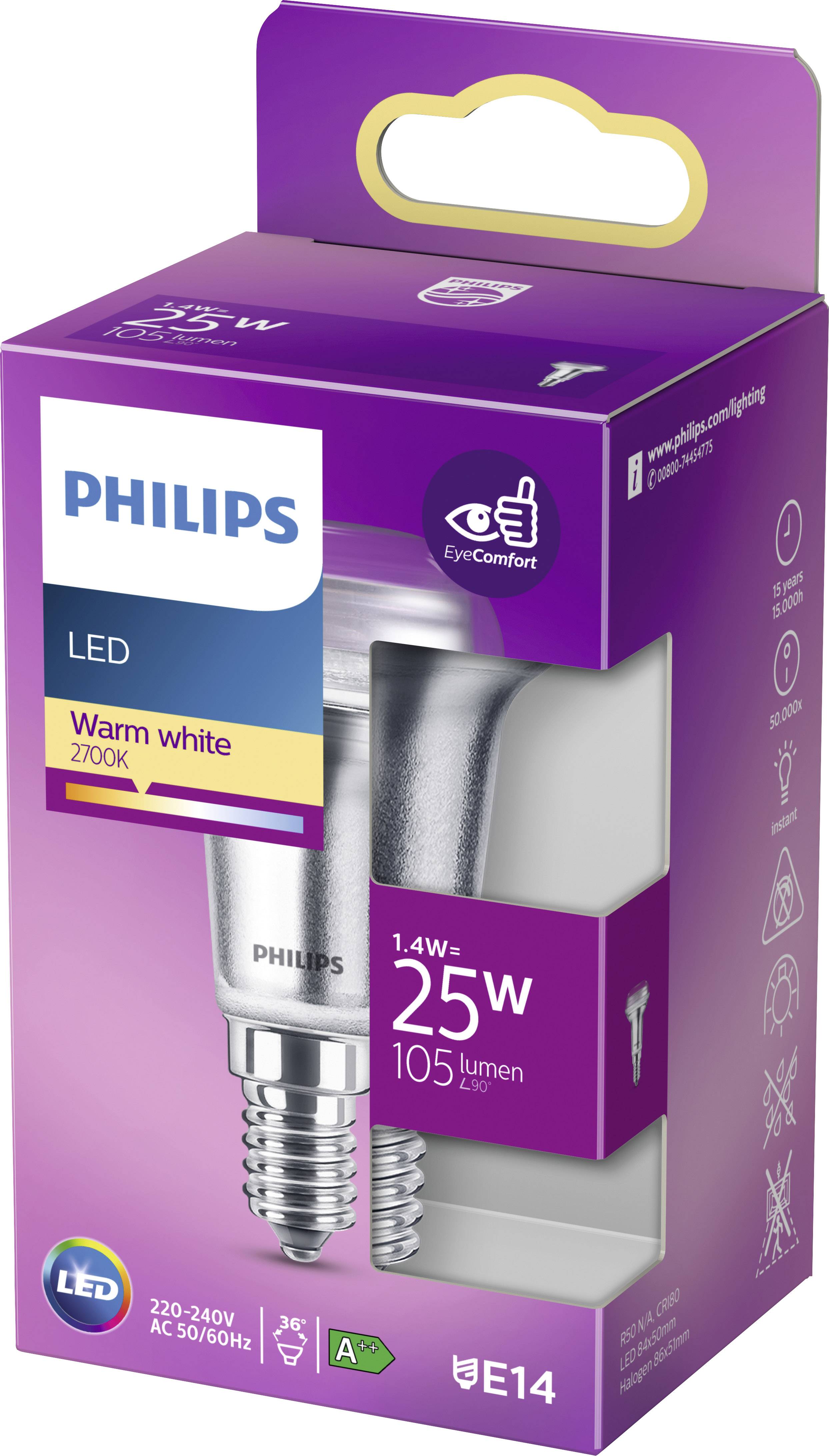 Eine LED-Lampe von Philips mit E14-Sockel in der Farbe Warmweiß (2700K). Energieklasse A+, 1,4W entspricht 25W, 105 Lumen.