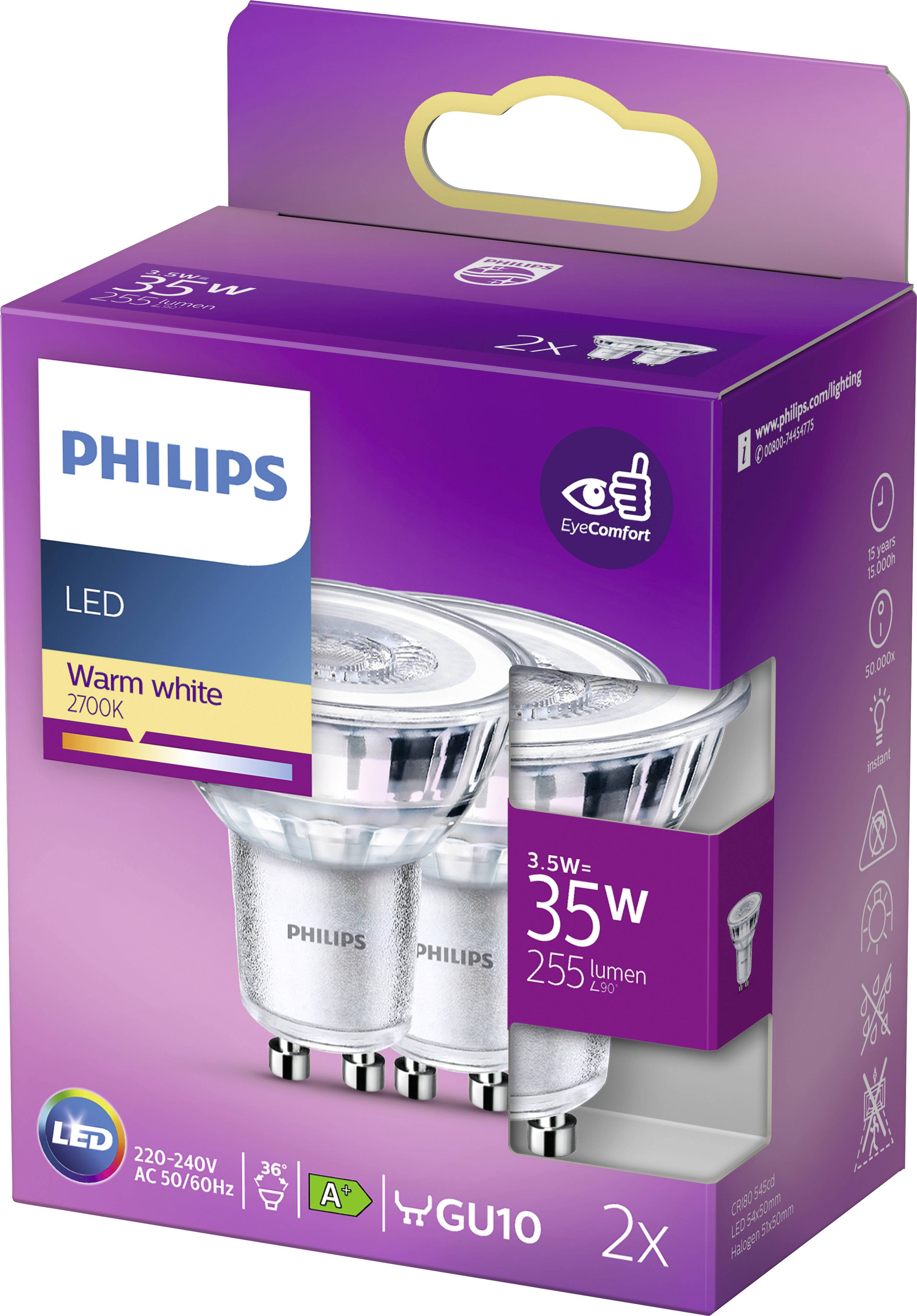 Zwei 'Philips'-LED-Glühbirnen im GU10-Format in einer lila Verpackung. 3,5 W, 35 W-Äquivalent, 255 Lumen, warmweißes Licht (2700 K).