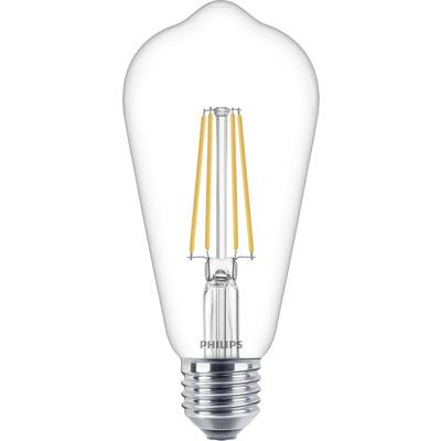 Eine klare Glühbirne von Philips mit sichtbaren Filamenten, die ein modernes und energieeffizientes Design zeigt.