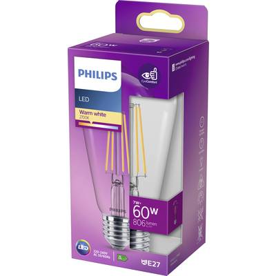 Zwei Philips LED-Glühbirnen in warmer Weißfarbe, 7W, 60W-Äquivalent, 806 Lumen. Verpackung zeigt Energieeffizienzklasse A und E27-Sockel.